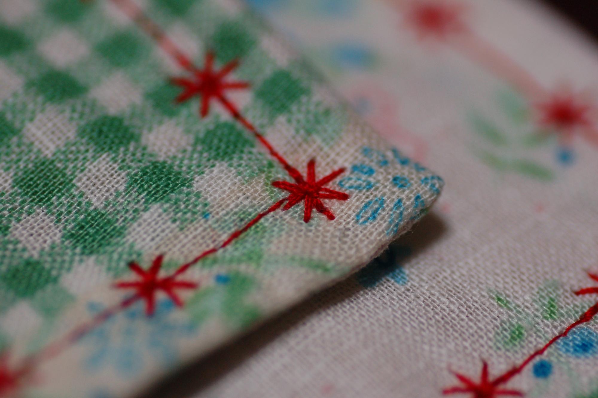 close-up of embroidered textile with geometric motif